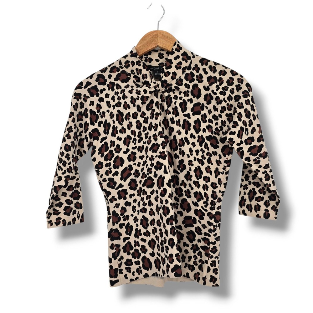 August Silk Womens Leopard Print High Neck 3/4 Sleeve Knit Top Tan Brown Small